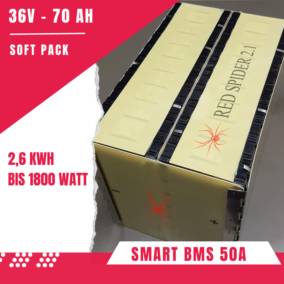 Red Spider 2.1 - Batteria SoftPack Li-Ion 36V 70Ah Smart BMS 50A 2,6 KWh bis 1800 Watt